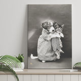 Puppy And Kitten Animal Friends Black And White Print, Funny Canvas Prints Wall Art Home Decor