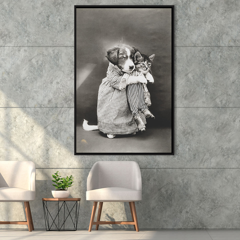Puppy And Kitten Animal Friends Black And White Print, Funny Framed Canvas Prints Wall Art Home Decor, Floating Frame