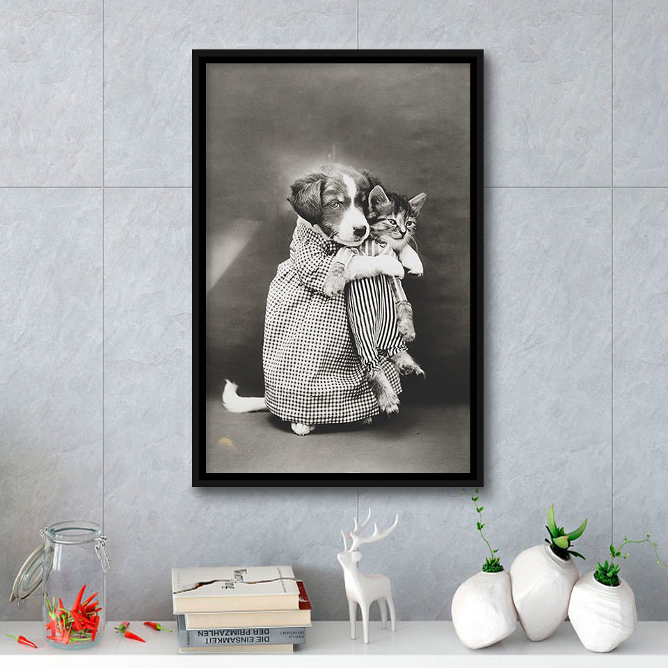 Puppy And Kitten Animal Friends Black And White Print, Funny Framed Canvas Prints Wall Art Home Decor, Floating Frame