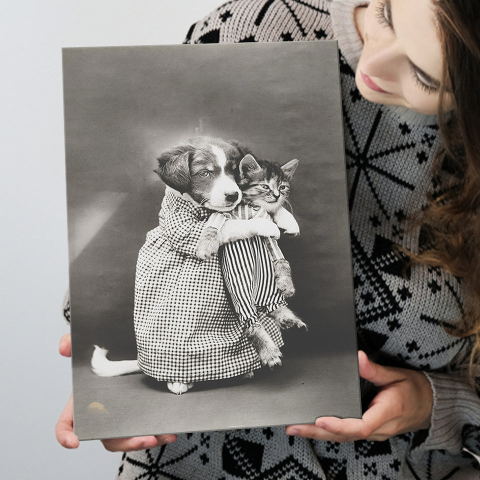 Puppy And Kitten Animal Friends Black And White Print, Funny Canvas Prints Wall Art Home Decor