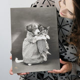 Puppy And Kitten Animal Friends Black And White Print, Funny Canvas Prints Wall Art Home Decor