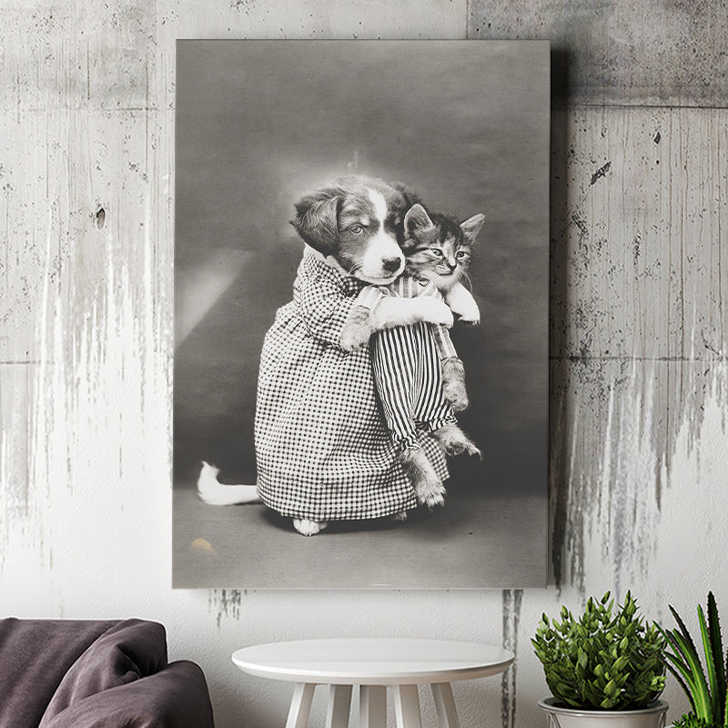 Puppy And Kitten Animal Friends Black And White Print, Funny Canvas Prints Wall Art Home Decor