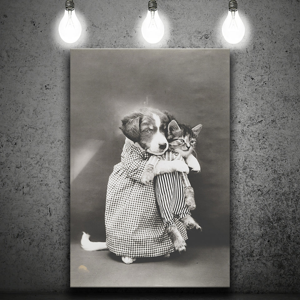 Puppy And Kitten Animal Friends Black And White Print, Funny Canvas Prints Wall Art Home Decor