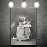 Puppy And Kitten Animal Friends Black And White Print, Funny Canvas Prints Wall Art Home Decor