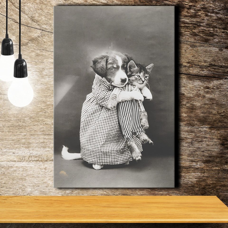 Puppy And Kitten Animal Friends Black And White Print, Funny Canvas Prints Wall Art Home Decor