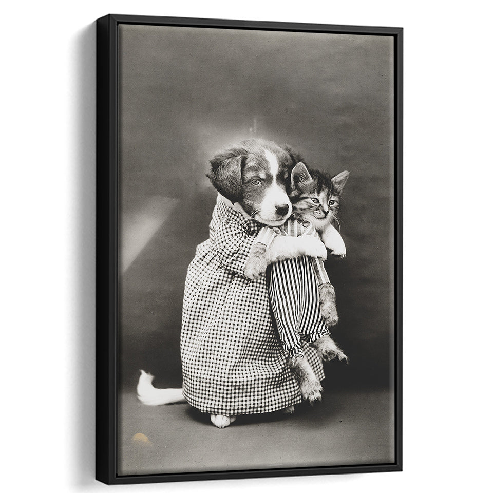 Puppy And Kitten Animal Friends Black And White Print, Funny Framed Canvas Prints Wall Art Home Decor, Floating Frame