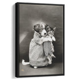 Puppy And Kitten Animal Friends Black And White Print, Funny Framed Canvas Prints Wall Art Home Decor, Floating Frame