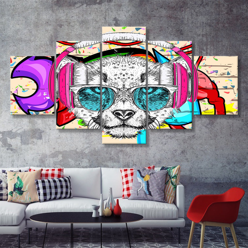 Puppy Dj Headphone Portrait Canvas 5 Pieces Prints Wall Art Decor - Painting Canvas, Multi Panels, Canvas Print