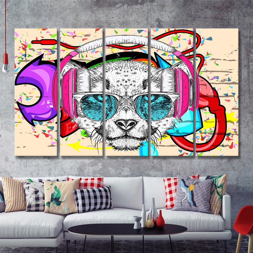 Puppy Dj Headphone Portrait Canvas 5 Piece B Prints Wall Art Decor - Painting Canvas, Multi Panels, Canvas Prints