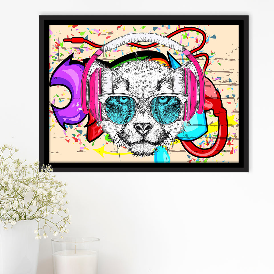 Puppy Dj Headphone Portrait Framed Canvas Prints Wall Art Decor - Painting Canvas, Floating Frame, Framed Picture