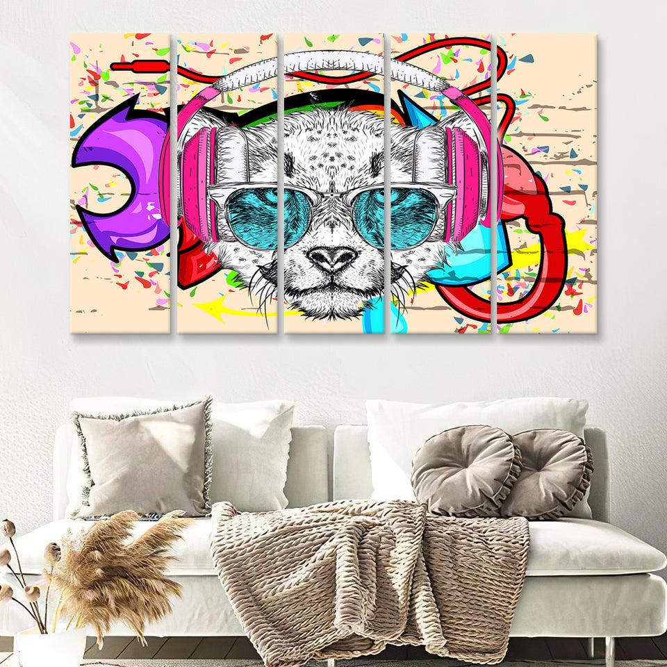 Puppy Dj Headphone Portrait Canvas 5 Piece B Prints Wall Art Decor - Painting Canvas, Multi Panels, Canvas Prints
