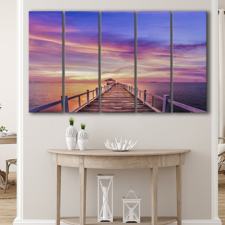 Purple Sunset Bridge Canvas Wall Art Design, 5 Panel B Canvas Prints Wall Art, Extra Large Canvas Decor