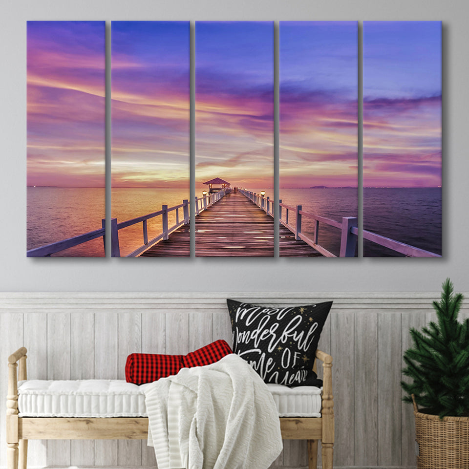 Purple Sunset Bridge Canvas Wall Art Design, 5 Panel B Canvas Prints Wall Art, Extra Large Canvas Decor