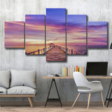 Purple Sunset Bridge Canvas Wall Art Design, 5 Panel Canvas Prints Wall Art,Mixed Canvas, Large Canvas