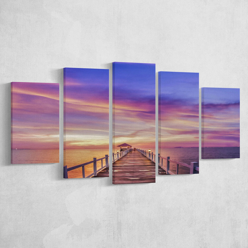 Purple Sunset Bridge Canvas Wall Art Design, 5 Panel Canvas Prints Wall Art,Mixed Canvas, Large Canvas