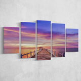 Purple Sunset Bridge Canvas Wall Art Design, 5 Panel Canvas Prints Wall Art,Mixed Canvas, Large Canvas