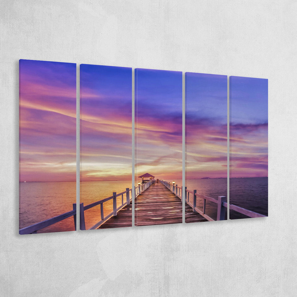 Purple Sunset Bridge Canvas Wall Art Design, 5 Panel B Canvas Prints Wall Art, Extra Large Canvas Decor