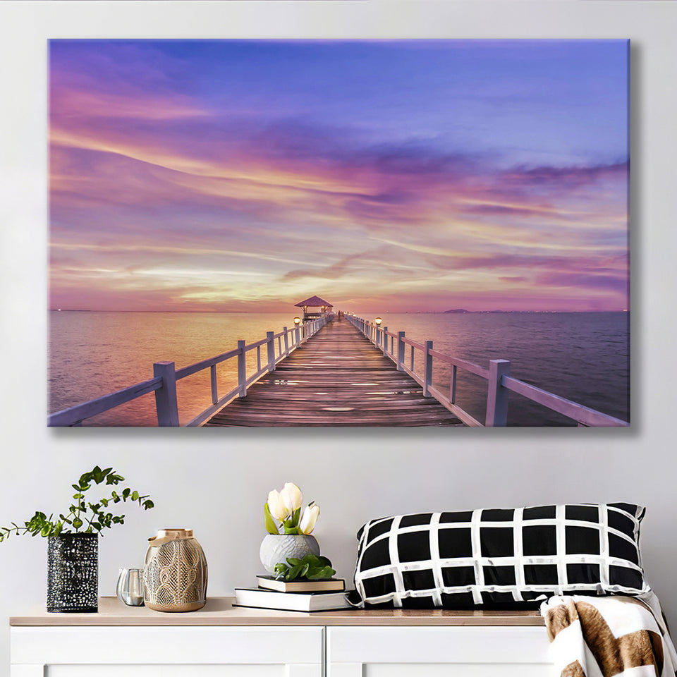 Purple Sunset Bridge Canvas Wall Art Design Canvas Prints Wall Art, Home Living Room Decor, Large Canvas