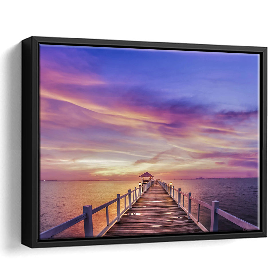 Purple Sunset Bridge Canvas Wall Art Design Framed Canvas Prints Wall Art, Floating Frame, Large Canvas Home Decor