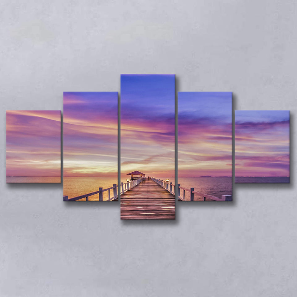 Purple Sunset Bridge Canvas Wall Art Design, 5 Panel Canvas Prints Wall Art,Mixed Canvas, Large Canvas
