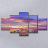 Purple Sunset Bridge Canvas Wall Art Design, 5 Panel Canvas Prints Wall Art,Mixed Canvas, Large Canvas
