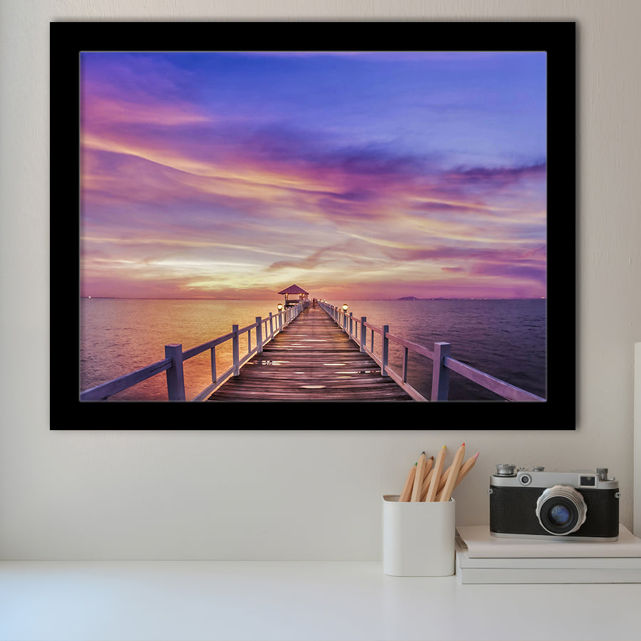 Purple Sunset Bridge Canvas Wall Art Design Framed Art Prints Wall Decor, Framed Picture, Large Art Prints