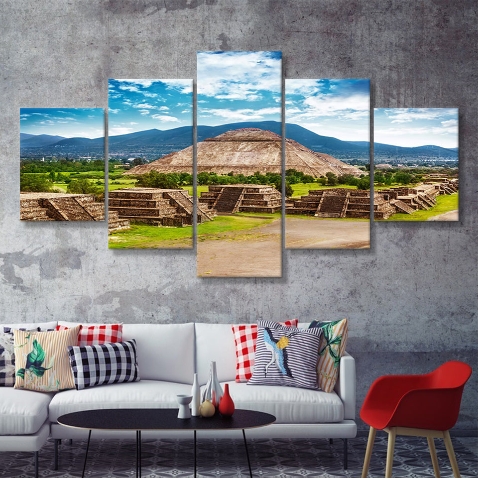 Pyramids of the Sun and Moon on the Avenue of the Dead in Mexico 5 Pieces Canvas Prints Wall Art - Painting Canvas, Multi Panels, Wall Decor