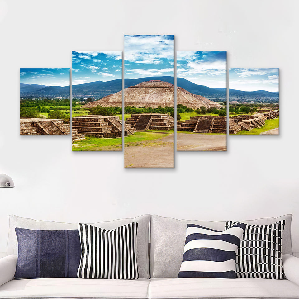 Pyramids of the Sun and Moon on the Avenue of the Dead in Mexico 5 Pieces Canvas Prints Wall Art - Painting Canvas, Multi Panels, Wall Decor