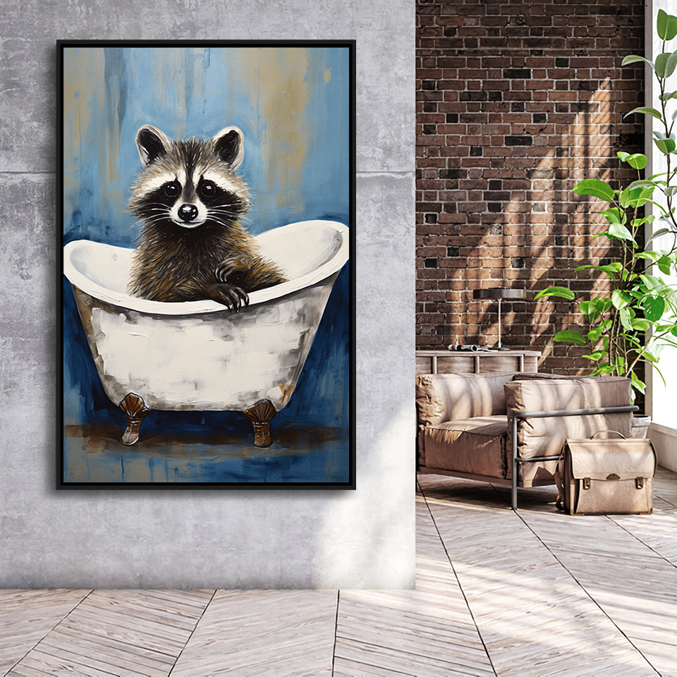 Raccoon In Bathtube Bathroom Ar Painting,Framed Canvas Prints,Floating Frame, Wall Art Home Decor