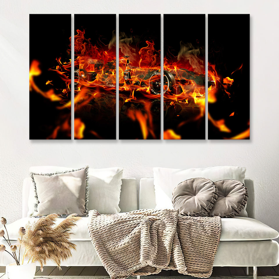 Racing Car With Fire F1 Art Car Decor 5 Pieces B Canvas Prints Wall Art - Painting Canvas,Wall Decor, Multi Panel,5 Panels