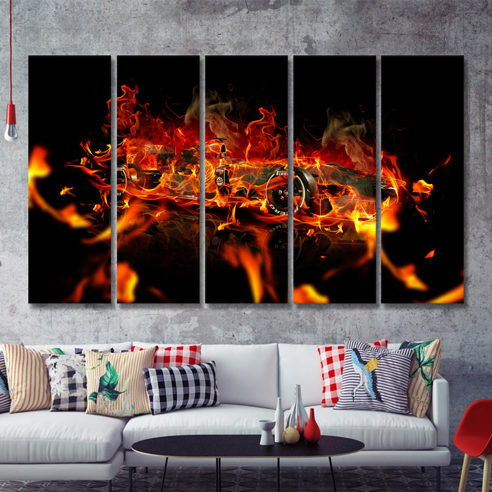 Racing Car With Fire F1 Art Car Decor 5 Pieces B Canvas Prints Wall Art - Painting Canvas,Wall Decor, Multi Panel,5 Panels