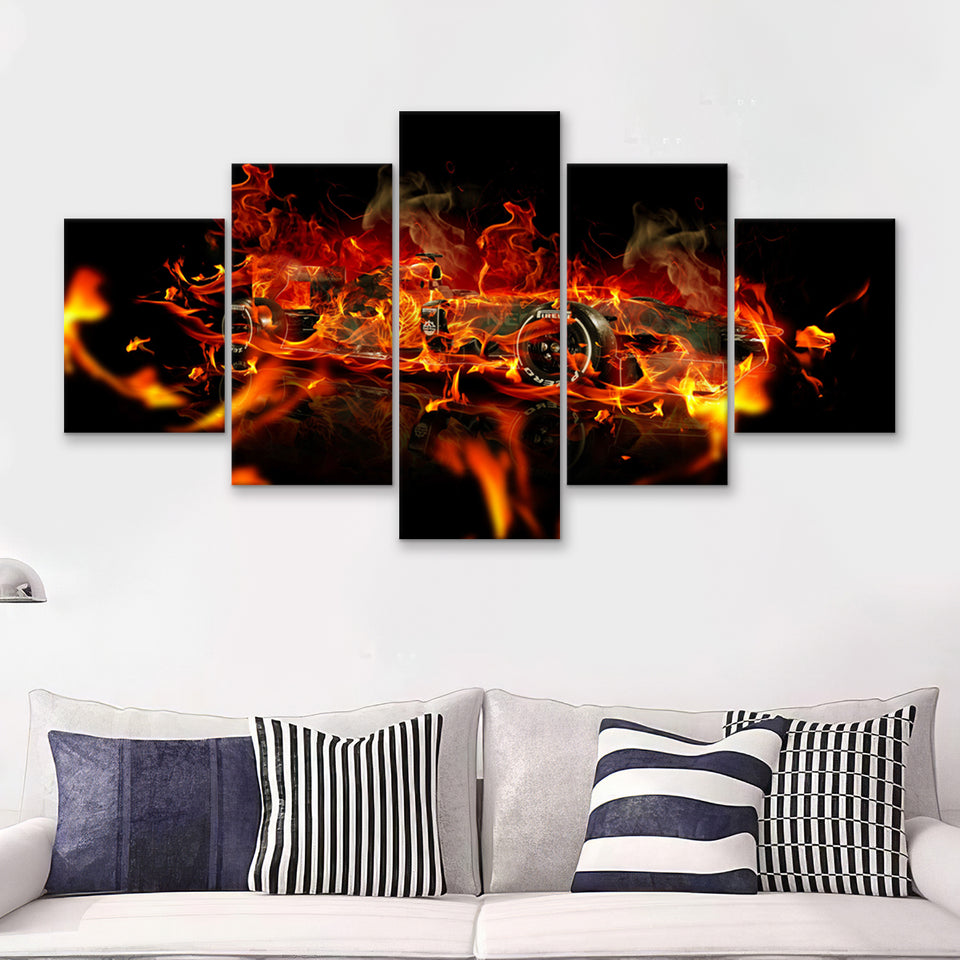 Racing Car With Fire F1 Art Car Decor 5 Pieces Canvas Prints Wall Art - Painting Canvas,Wall Decor, Multi Panel,5 Panels