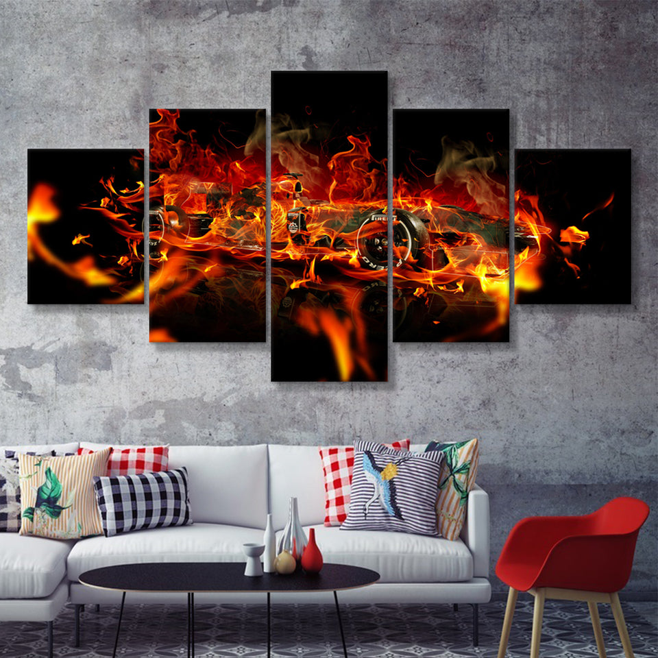 Racing Car With Fire F1 Art Car Decor 5 Pieces Canvas Prints Wall Art - Painting Canvas,Wall Decor, Multi Panel,5 Panels