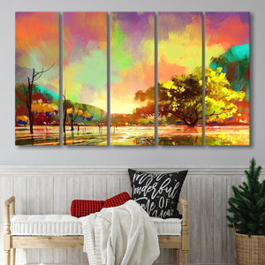Rainy Day Painting, Autumn Colorful Landscape Larger Canvas Art, 5 Piece Canvas Prints Wall Art Decor