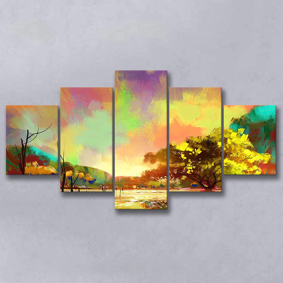 Rainy Day Painting, Autumn Colorful Landscape 5 Panels, Canvas Prints Wall Art Decor, Large Canvas Art