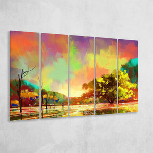 Rainy Day Painting, Autumn Colorful Landscape Larger Canvas Art, 5 Piece Canvas Prints Wall Art Decor