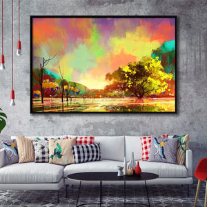 Rainy Day Painting, Autumn Colorful Landscape Framed Canvas Prints Wall Art Home Decor,Floating Frame