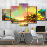 Rainy Day Painting, Autumn Colorful Landscape 5 Panels, Canvas Prints Wall Art Decor, Large Canvas Art