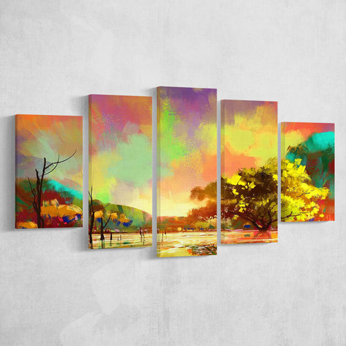 Rainy Day Painting, Autumn Colorful Landscape 5 Panels, Canvas Prints Wall Art Decor, Large Canvas Art