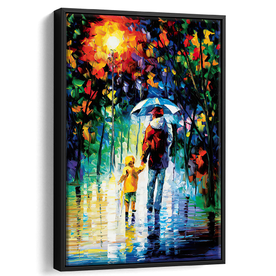 Rainy Walk With Daddy Canvas Wall Art - Framed Art, Framed Canvas, Painting Canvas