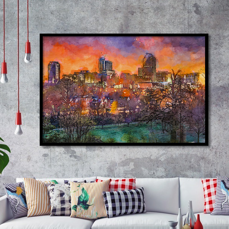 Raleigh North Carolina Usa Skyline City Art Watercolor Framed Art Prints Wall Art Decor,Framed Picture