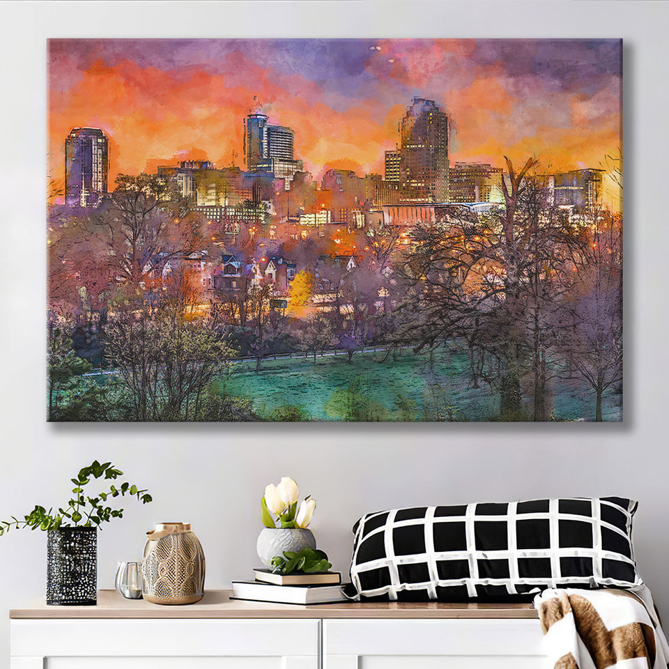 Raleigh North Carolina Usa Skyline City Art Watercolor Canvas Prints Wall Art Home Decor, Large Canvas