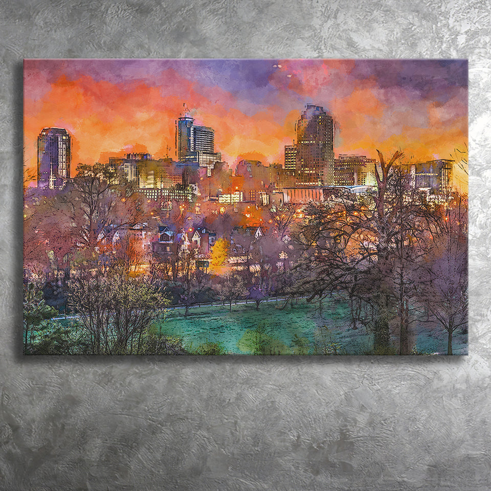 Raleigh North Carolina Usa Skyline City Art Watercolor Canvas Prints Wall Art Home Decor, Large Canvas