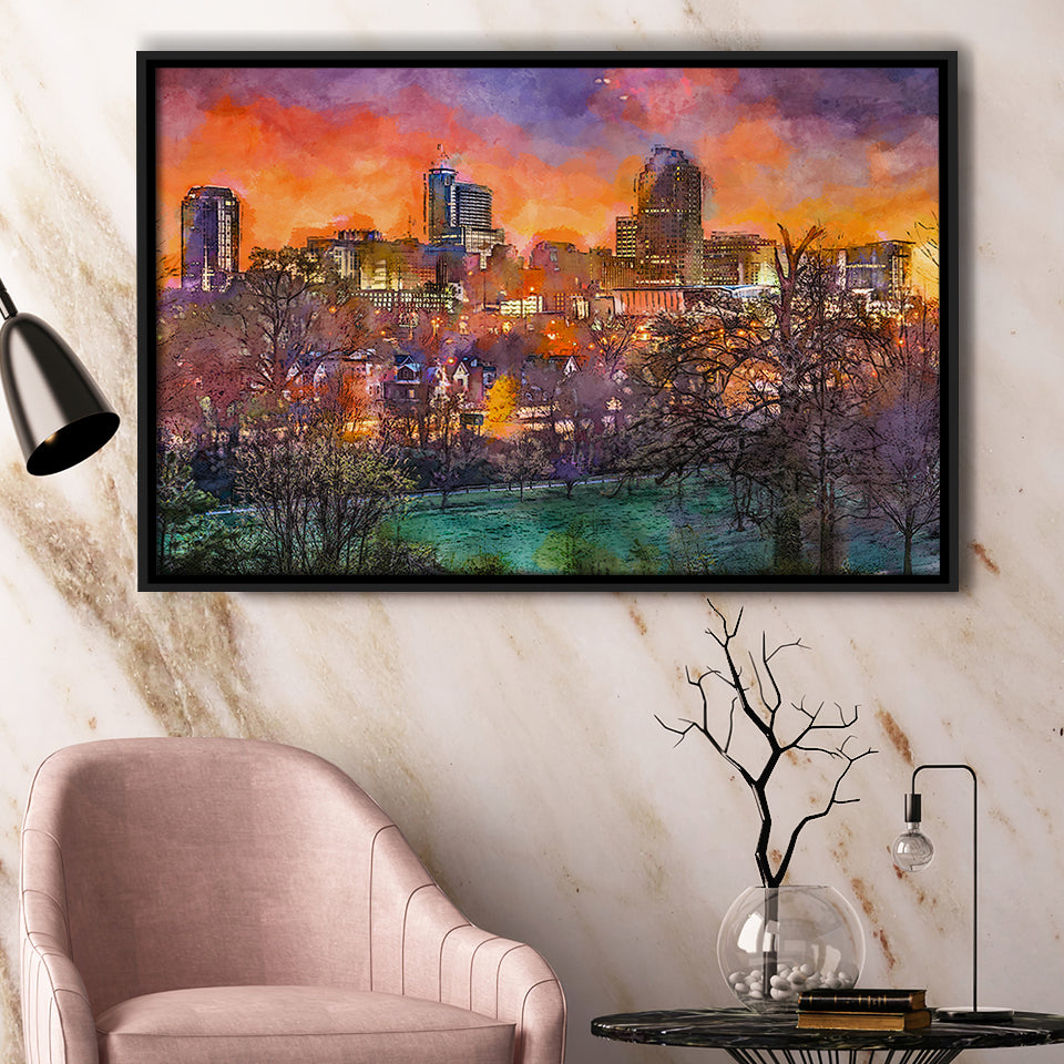 Raleigh North Carolina Usa Skyline City Art Watercolor Framed Canvas Prints Wall Art Home Decor,Floating Frame