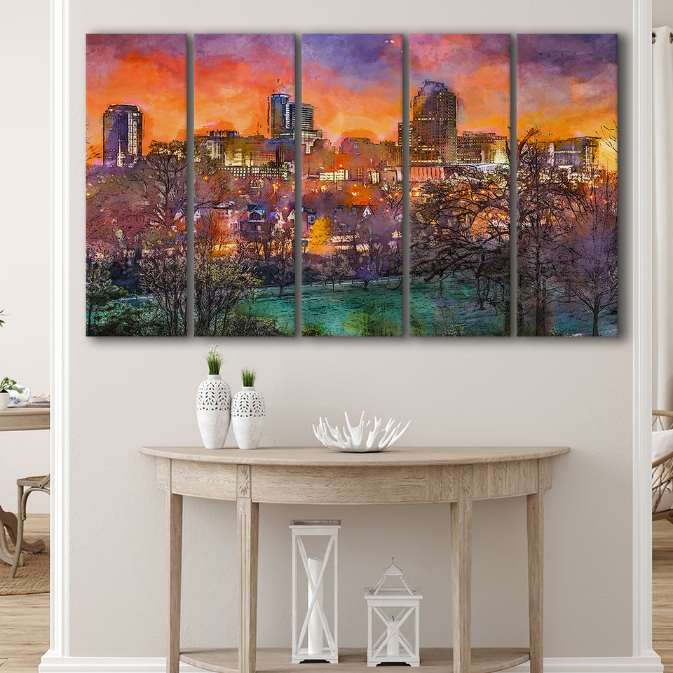 Raleigh North Carolina Usa Skyline 5 Pieces Extra Large Canvas Prints Wall Art Home Decor