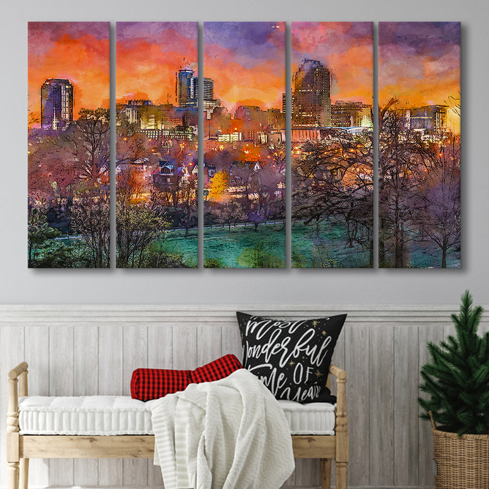 Raleigh North Carolina Usa Skyline 5 Pieces Extra Large Canvas Prints Wall Art Home Decor