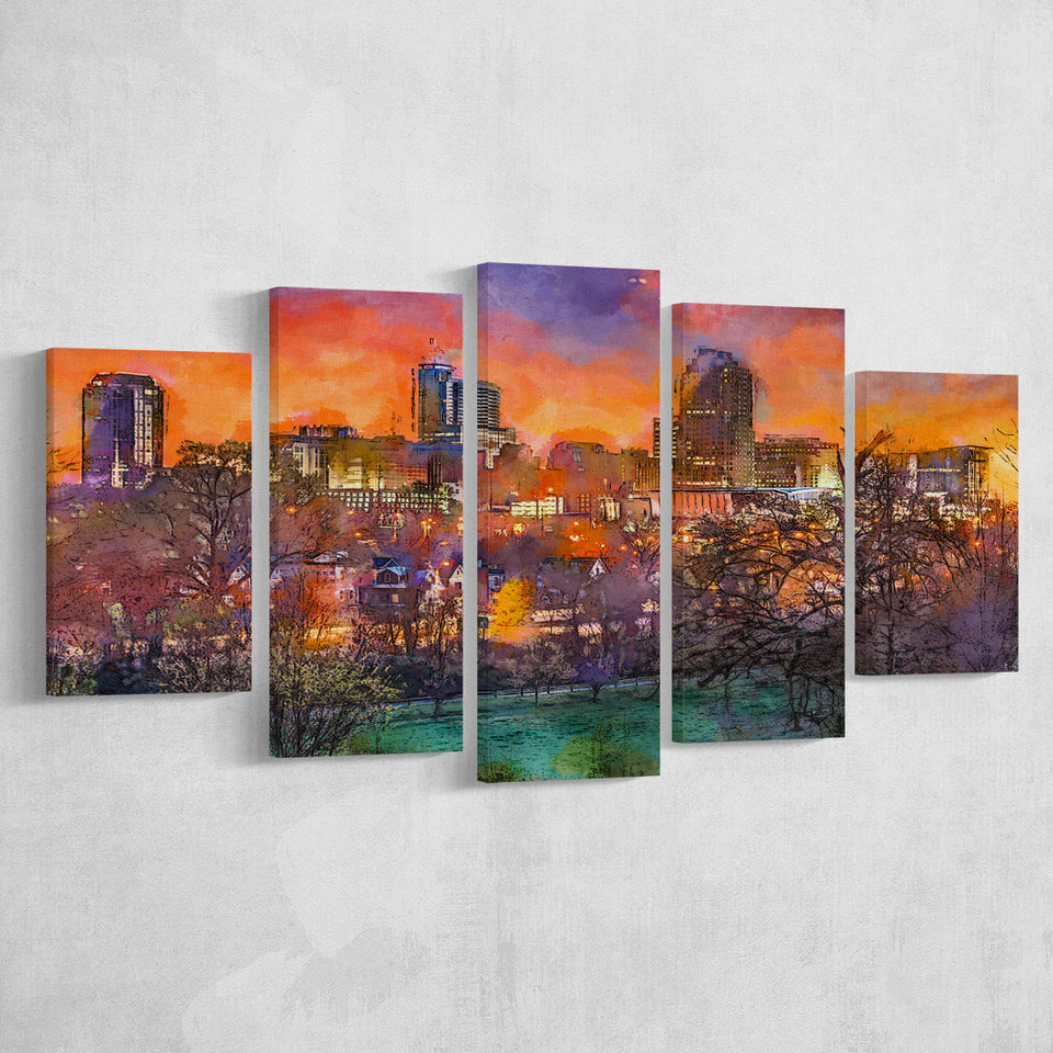 Raleigh North Carolina Usa Skyline 5 Pieces Mixed Canvas Prints Wall Art Home Decor