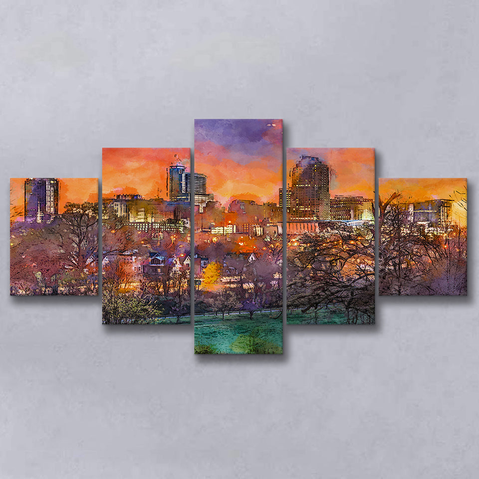 Raleigh North Carolina Usa Skyline 5 Pieces Mixed Canvas Prints Wall Art Home Decor