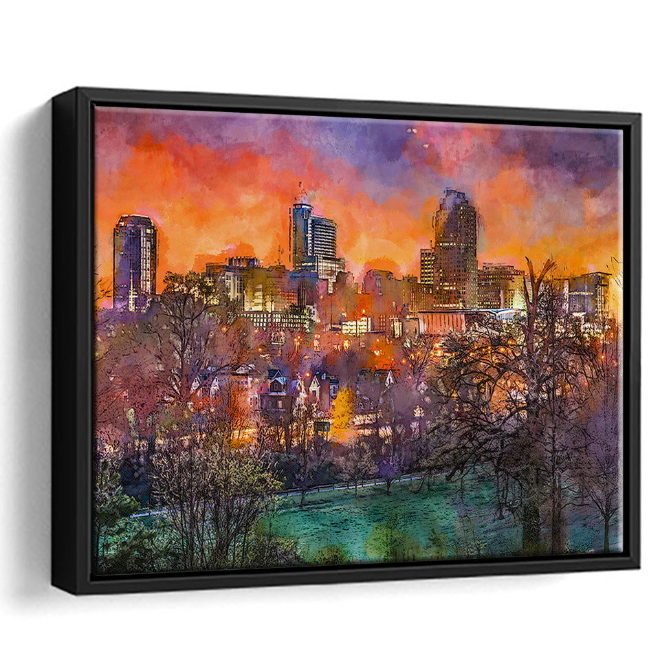Raleigh North Carolina Usa Skyline City Art Watercolor Framed Canvas Prints Wall Art Home Decor,Floating Frame