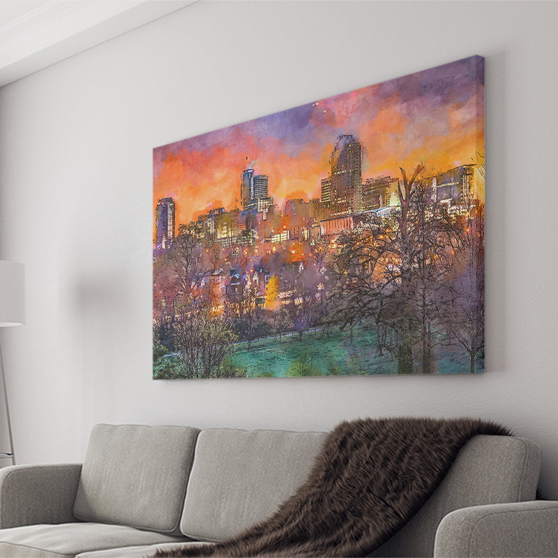 Raleigh North Carolina Usa Skyline City Art Watercolor Canvas Prints Wall Art Home Decor, Large Canvas